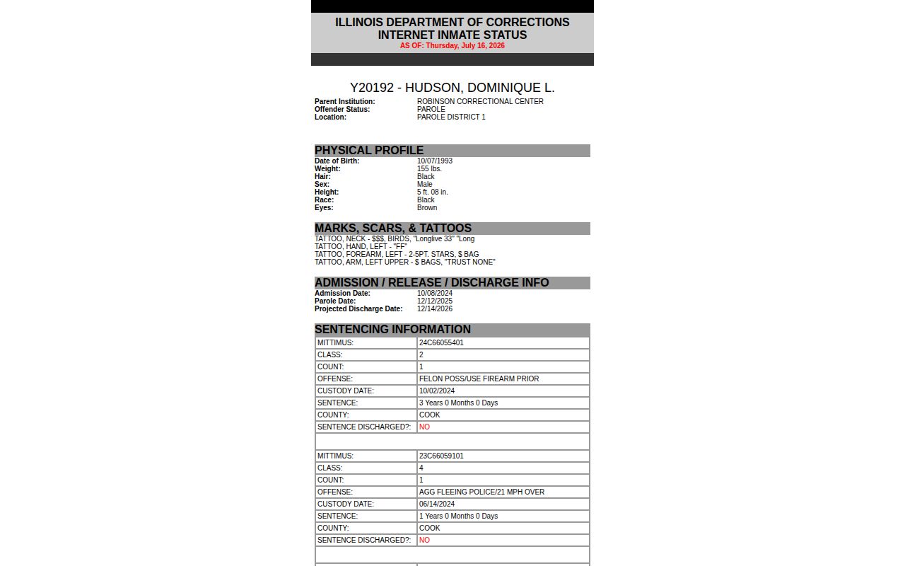 Official IDOC result fields used to confirm a Schuyler County release date