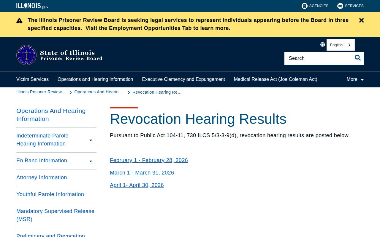 Illinois parole revocation results for Schuyler County supervision verification